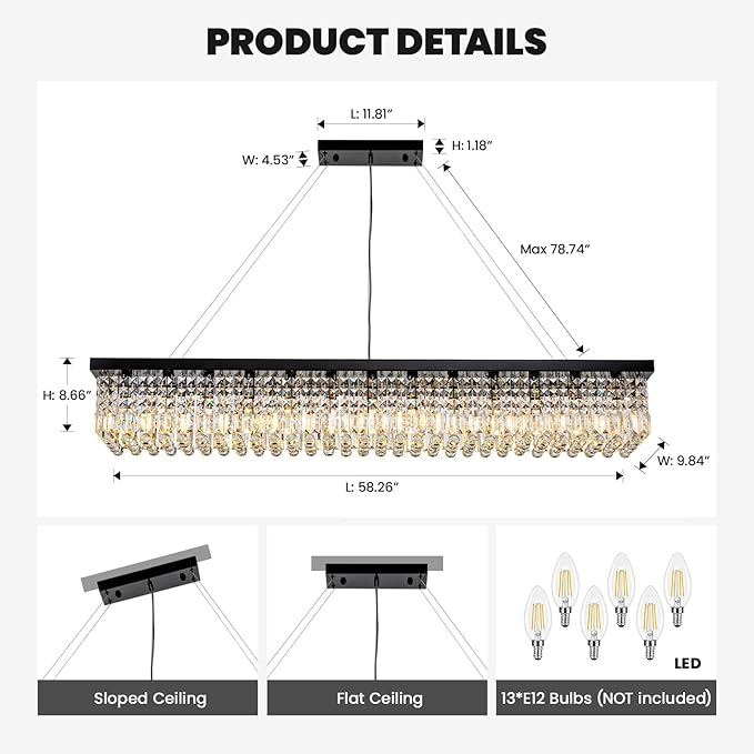 7PM Rectangle K9 Crystal Chandelier, 13-Light Modern Dining Room Linear Ceiling Chandelier, Rectangular Pendant Lighting Fixture for Kitchen Island Bedroom, Black Finish L59'' x W10'' x H9''