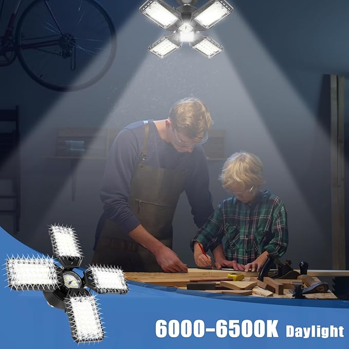 LED Garage Lights 4 Pack -120W, 12000LM 6500K Led Shop Light with 4+1 Deformable Panels, Basement Barn Light Garages Ceiling Lights, E26/E27 for Garage, Warehouse, Shop