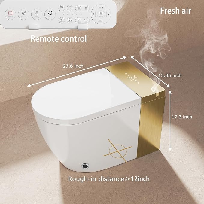 BONSAM Smart Toilet with Auto Open/Close Lid, Modern Tankless Toilet with Bidet Built In, One Piece Toilet with Auto Deodorization, Foot Sensor Operation, Remote Control (White&Gold, White&Gold)
