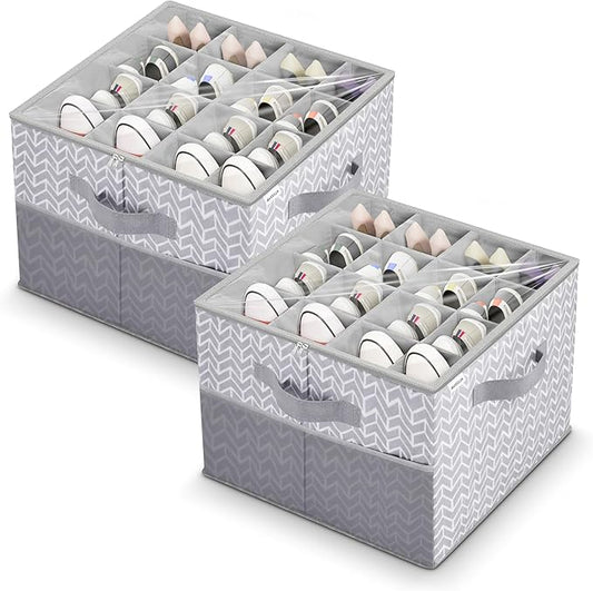 ALCOVA Shoe Organizer for Closet, 2 Pack Shoe Storage Box with Clear Cover, Foldable Shoe Storage Box, Fits up to 16-32 Pairs, Gray