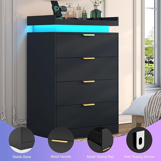 Black Dresser with LED Lights and Power Outlet, Wooden 4 Drawer Dresser Tall Dresser for Bedroom, Modern Chest of Drawers Closet Organizer for Bedroom, Entryway, Hallway