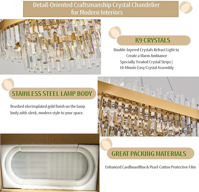 Gold Crystal Chandelier for Dining Room, 35.4" Modern Luxury 2-Tier K9 Crystal Oval Chandelier, 10-Light E12 Base Pendant Light, Height Adjustable for Kitchen Island Living Room Light Fixture