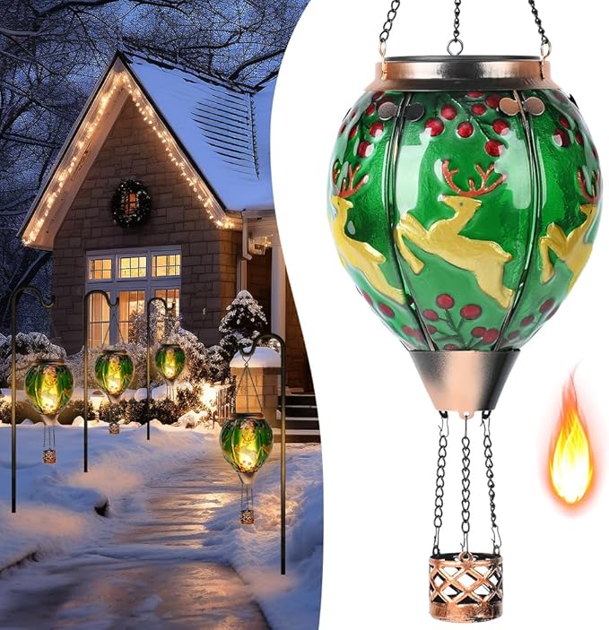 Solar Powered Hot Air Balloon Lantern - Reindeer Glass Lantern, Simulated Flickering & Dancing Flame, Outdoor Hanging Yard Light Waterproof IP65 for Patio Lawn Porch Christmas Decor Gift