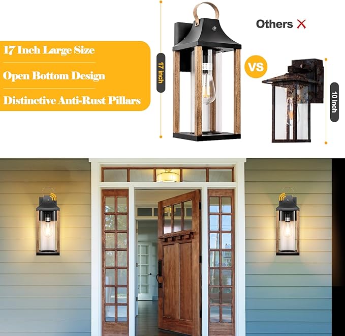 Dusk to Dawn Outdoor Light Fixture Rustic Wood, 17” Large Outside Light for House Cylindrical Glass IP65 Waterproof Outdoor Lantern Scone Farmhouse Porch Light Exterior Wall Mounted Lamp