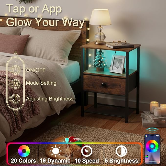 Night Stand Set 2, LED Nightstand with Charging Station, End Tables Living Room with Fabric Drawer for Small Spaces, Bed Side Tables with Storage Shelf for Bedroom, Brown, HETS01PBR