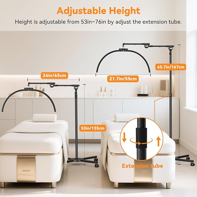 CHICLUX Half Moon Light for Eyelash Extensions, Dimmable LED Lash Light with Phone Holder, Esthetician Lamp with Adjustable Brightness & Height, Wheeled Base, Foldable Lamp Head, Black