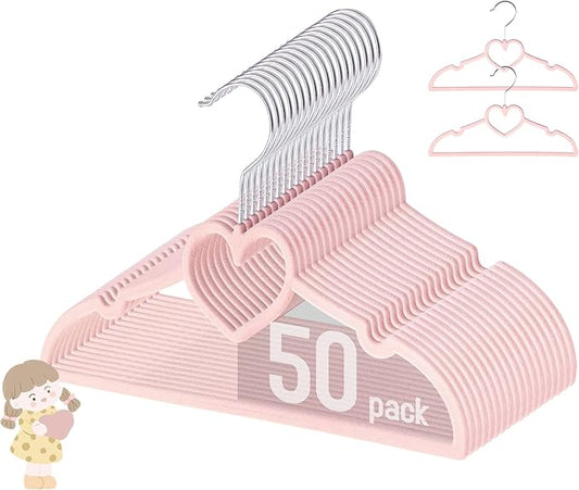 GOSCHE Baby Velvet Hangers 50 Pack, 11 inch Non Slip Kids Hanger for Infant & Toddler Clothes, Durable Ultra-Slim Closet Organizers, Pink, 50 Pack