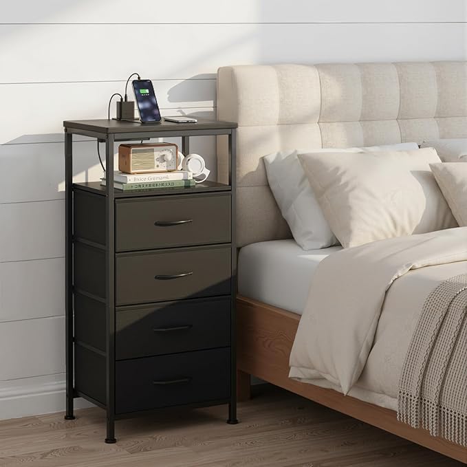 Sweetcrispy Nightstand with Charging Station, Bedside End Table with 4 Fabric Drawers & USB/Type-C Ports and Outlets, Night Stand for Bedroom Furniture, Adjustable Feet and Variable Light Strip, Rust