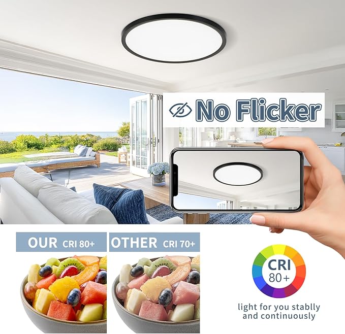 14.9 Inch 4PK LED Flush Mount Ceiling Light, ETL ,32W, 3343LM, 3000K/3500K/4000K/5000K/6500K CCT Selectable, 0.66in Ultra Thin Round Flat Panel Ceiling Light Fixture for Bedroom, Kitchen, (Black)