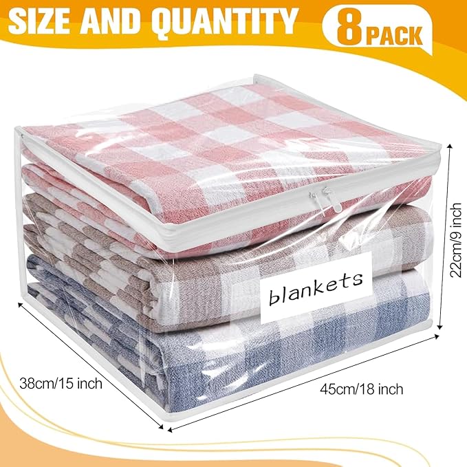 Kikerike Plastic Storage Bags with Easy-Glide Zipper, Pack of 8, Durable Clear Vinyl Zippered Storage Bags for Clothes Sweaters Comforters Blankets Sheets Bedding (18 x 15 x 9 Inch)