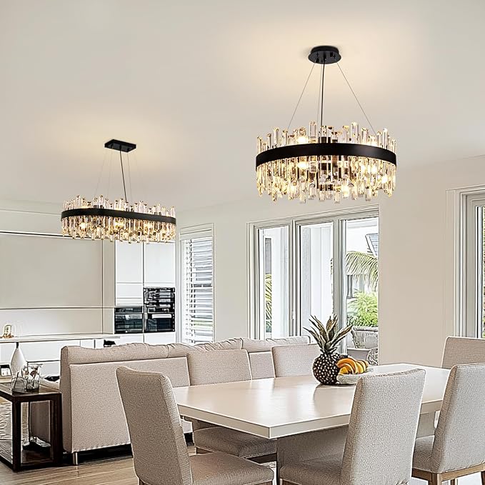 CROSSIO 12-Light Modern Crystal Chandelier for Dining Room, Black Round Flush Mount Ceiling Light, Luxury 2-Tiers K9 Crystal Raindrop Chandelier for Living Room Entryway Foyer Bathroom D23.6''