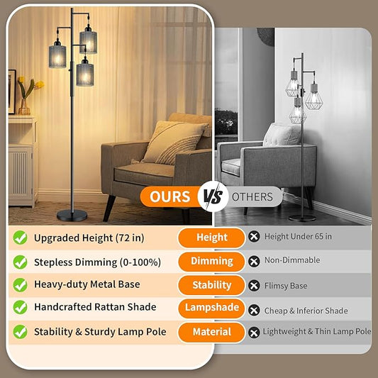 Hotsonic 72" Rattan Boho Floor Lamp, Tall Dimmable Standing Lamp with Handcrafted Gray Shade, Industrial Tree Floor Lamps for Living Room, Bedroom, Study Room, Office(3x800LM LED Bulbs Included)-Black