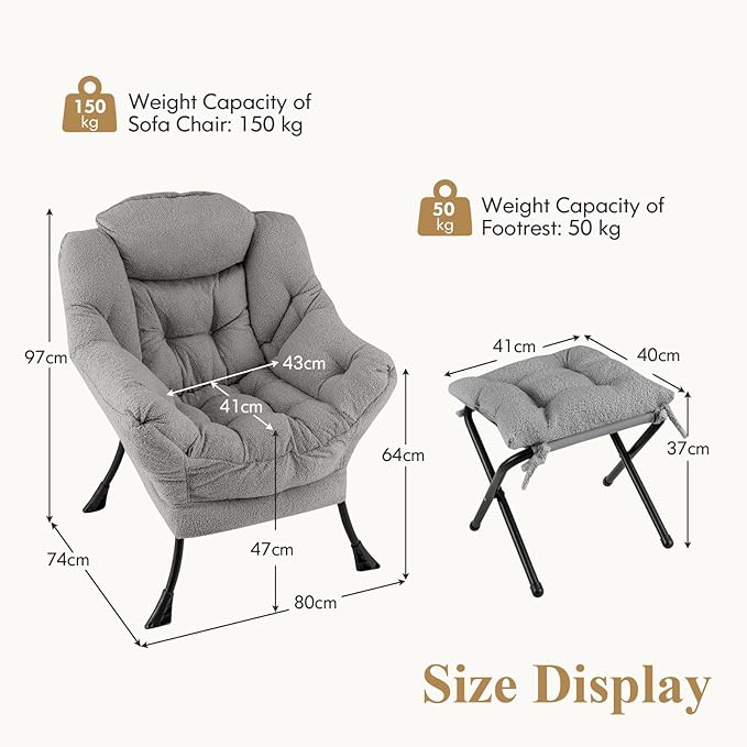 GORELAX Lazy Chair with Ottoman, Modern Accent Chair w/Armrests & Side Pocket, Upholstered Lounge Sofa Chair & Folding Footstool Set, Reading Chair for Bedroom, Living Room, Dorm Room (Plush Grey)