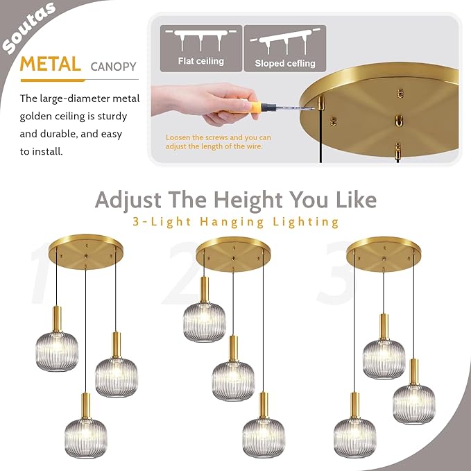 Gold 3-Light Pendant Light Fixture, Modern Smoke Gray Glass Cluster Pendant Lights Kitchen Island, Multi Light Pendant Chandelier Adjustable Hanging Lights for Dining Room Stairs Foyer