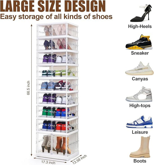 Foldable Storage Box - Easy Assembly Clear Plastic Stackable Shoe Storage Cabinet Organizer with Lids - Large Size Shoe Rack (9 layers clear)