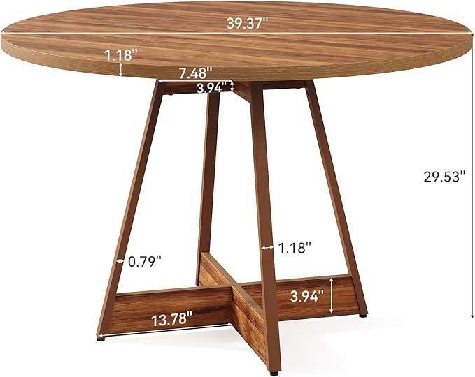 LITTLE TREE 39 Inches Round Dining Table for 2-4, Farmhouse Circle Kitchen Table for Dining Room, Wooden Dinner Table with Heavy Duty Pedestal, Small Bistro Table for Restaurant, Brown