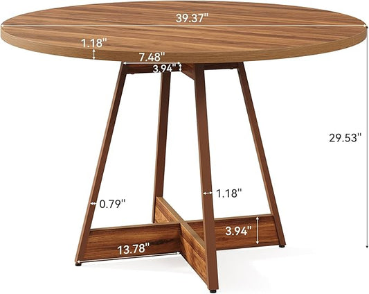 LITTLE TREE 39 Inches Round Dining Table for 2-4, Farmhouse Circle Kitchen Table for Dining Room, Wooden Dinner Table with Heavy Duty Pedestal, Small Bistro Table for Restaurant, Brown