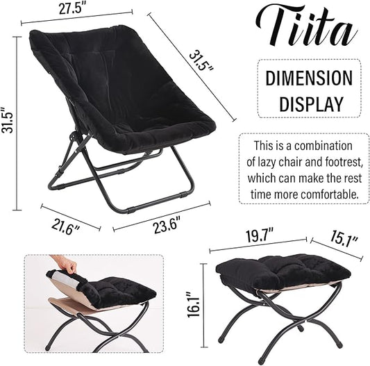 Tiita Folded Chair with Ottoman, Soft Faux Fur Oversized Folding Accent Chair,Lazy Chair, Metal Frame Moon Chair for Bedroom, Living Room, Dorm Rooms, Garden and Courtyard