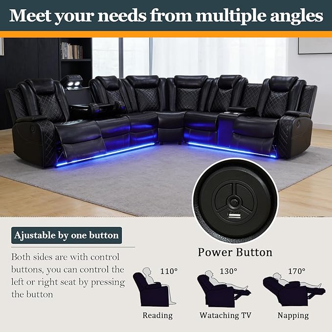 Power Recliner Sectional Sofa Set, Black Leather Sectional Couch and 2 Chairs for Living Room, L Shape Reclining Sofa with Cup Holder, Hidden Storage, Coffee Table for House(7 Seat)