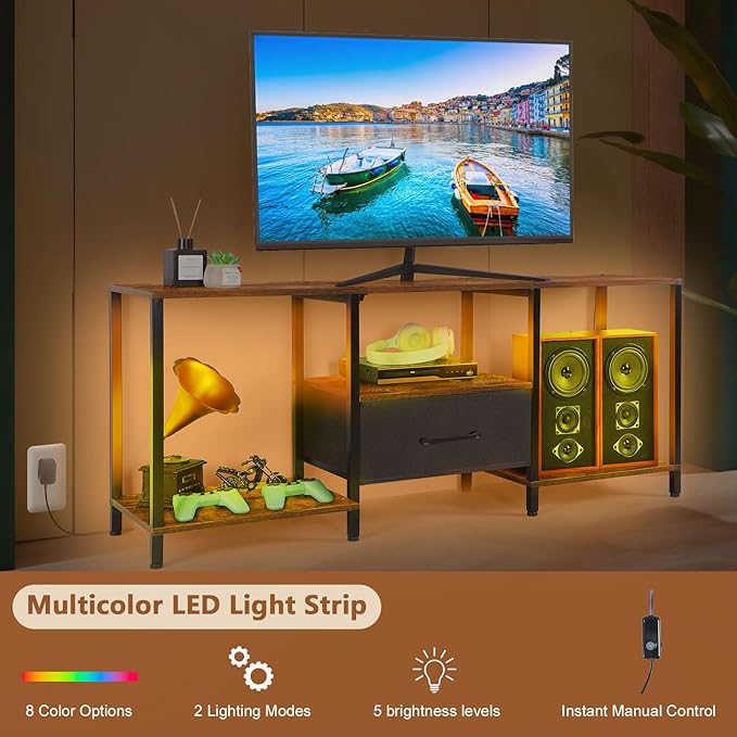 PINPON 46" TV Stand with Manual LED Lights & Fabric Drawer, 3-Tier Storage Media Console for 55" TV, Adjustable Feet, Rustic Brown Entertainment Center for Living Room/Bedroom