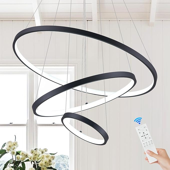 Modern LED Chandeliers 3 Rings Black Chandelier Dimmable LED Pendant Light Fixture Remote Control Contemporary Flush Mount Chandelier for Dining Room Bedroom Foyer, 3000-6500K