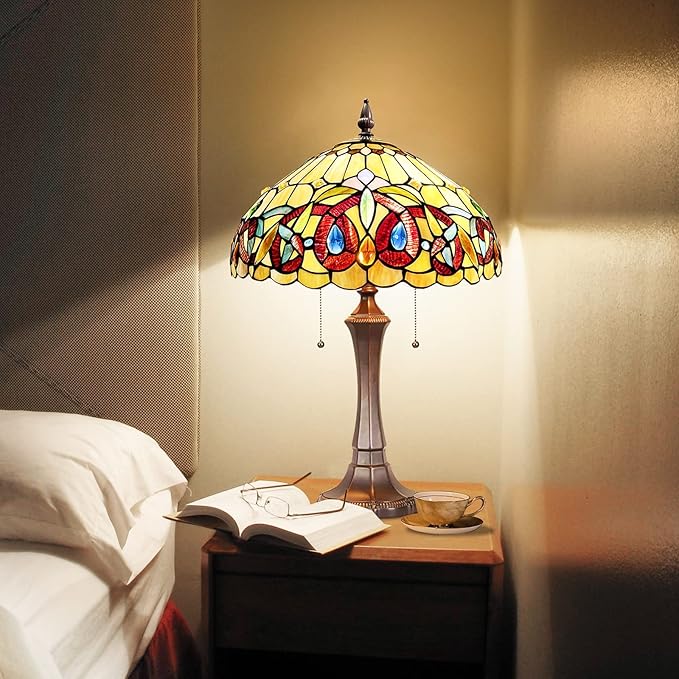 Capulina Tiffany Lamp Stained Glass Table Lamp Bedside Reading Lamp 2-Light 16X16X24 Inches Antique Victorian Art Style Desk Lamp for Bedrooms Living Room Home Office