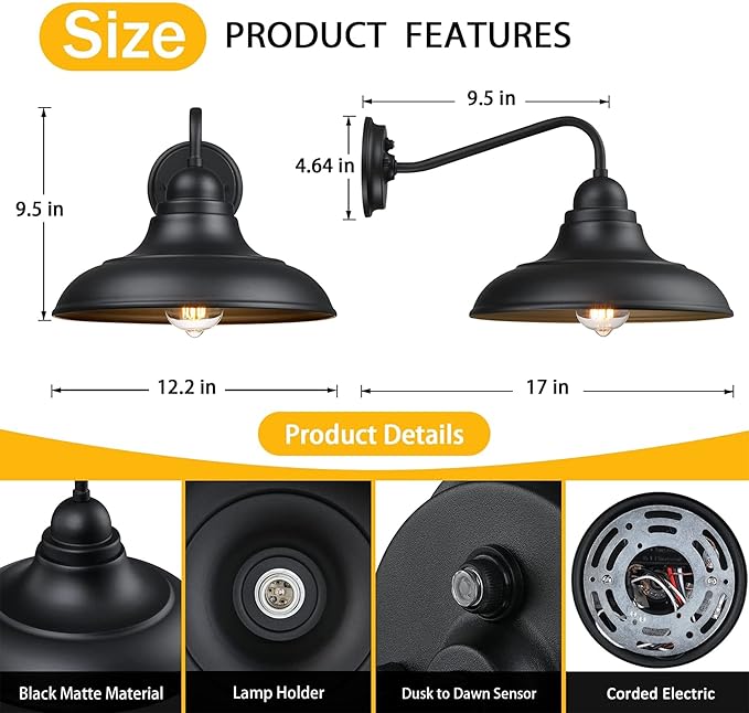 Dusk to Dawn Outdoor Wall Sconces, Farmhouse Barn Light, Matte Black Outdoor Wall Lights Exterior Wall Light Fixture for Porch Entryways Garage, 2 Pack, 12"