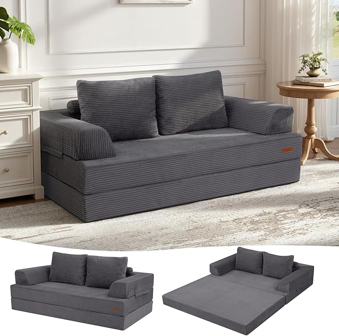 COMAX Convertible Sofa Bed, Folding Floor Couch Corduroy Fold Out Couch Bed Futon Sleeper Mattress with Pillows, Boneless Sofa Lounge Loveseat for Living Room, Grey