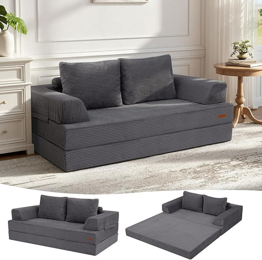 COMAX Convertible Sofa Bed, Folding Floor Couch Corduroy Fold Out Couch Bed Futon Sleeper Mattress with Pillows, Boneless Sofa Lounge Loveseat for Living Room, Grey