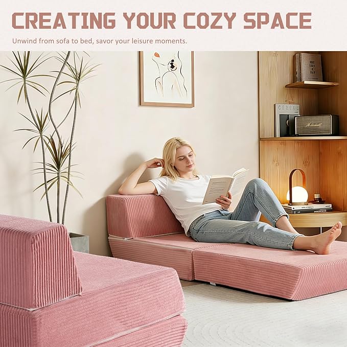 Trenda Folding Sofa Bed, 16lbs Convertible Sleeper Chair with Removable Back Pillow & Handle, Washable Cover Solid Foam Fold Out Chair Bed for Living Room, Apartment, Guest, Single, Pink
