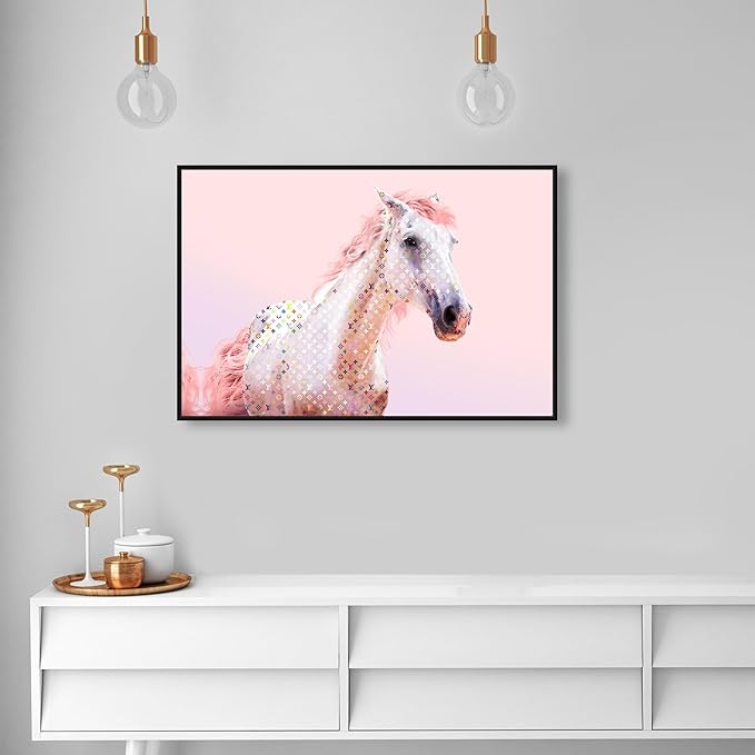 Country Farmhouse Canvas Print Painting Animal Wall Art 'Pink Glam Horse' Black Framed Canvas Rustic Home Décor 36x24 in Pink, White by Oliver Gal