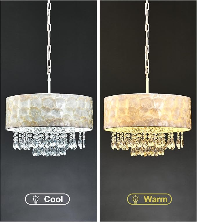 Q&S Boho Coastal Capiz Shell Crystal Chandelier,Modern Glam Luxe Drum D18 inch 4-Light Pendant Light Fixture for Dining Room Living Room Bedroom Kitchen Island Foyer UL Listed