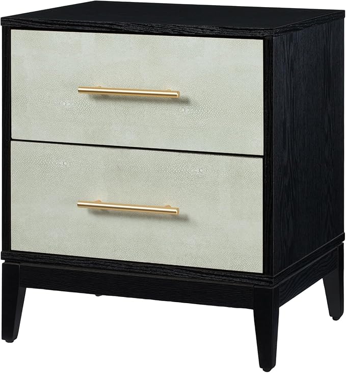 SANGO Shagreen 2-Drawer Nightstand, Modern Black Bedside Table with Gray Faux Shagreen Drawer Fronts, Brass Handles, Sturdy Legs, Elegant Storage for Contemporary & Luxury Homes