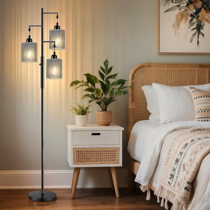 Hotsonic 72" Rattan Boho Floor Lamp, Tall Dimmable Standing Lamp with Handcrafted Gray Shade, Industrial Tree Floor Lamps for Living Room, Bedroom, Study Room, Office(3x800LM LED Bulbs Included)-Black