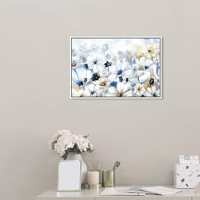 The Oliver Gal Artist Co. Floral and Botanical Wall Art Framed Canvas Prints 'Fields Flowers Home Décor, 24" x 16", Blue, White