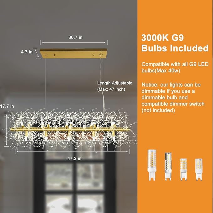 Depuley 47.2" Modern Gold Crystal Firework Chandelier, 15-Light Crystal Light Fixture Hanging, Linear Dandelion Chandelier, Sputnik Ceiling Pendant Light Fixtures for Dining Room(G9 Bulbs Included)