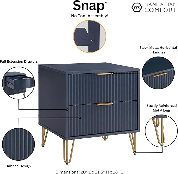 Manhattan Comfort Dumbo Modern Nightstand 2.0 with 2 Metal Feet | Splayed Gold Legs | Vertical Ribbed Design | No Tool Assembly Storage for Bedroom, Set of 2, Midnight Blue