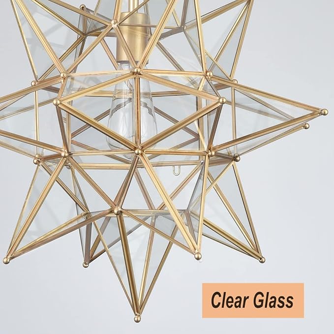 DIRYZON 20 Inch Gold Large Moravian Star Pendant Light Mid Century Clear Glass Hanging Pendant Light for Kitchen Bedroom Porch