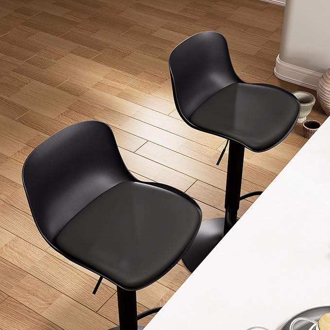 YOUTASTE All Black Bar Stools Set of 2, Adjustable Swivel Counter Height Barstools with Back, Plastic&PU Leather Cushioned Bar Chair Seats, Metal Footrest, Black Round Base for Kitchen Island