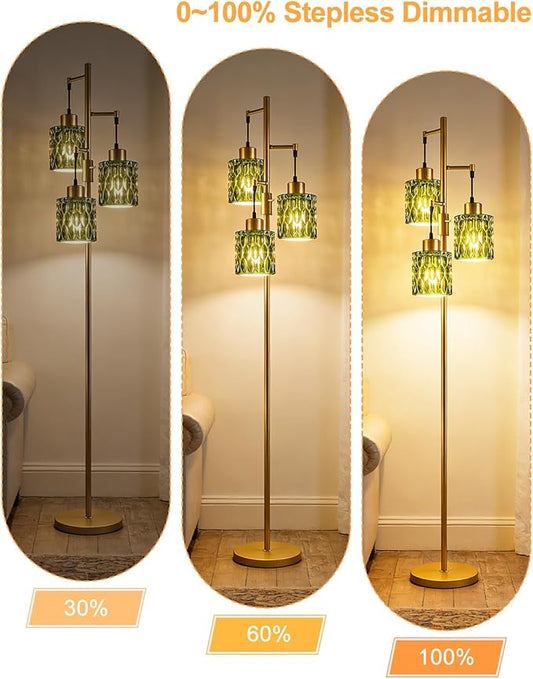 Lightdot 67" 3-Light Glass Floor Lamps for Living Room, Dimmable Floor Lamp with Green Glass Shade& E12 Bulbs Included, Mid Century Standing Tall Lamp for Bedroom/Sofa Beside/Corner Decor-Gold