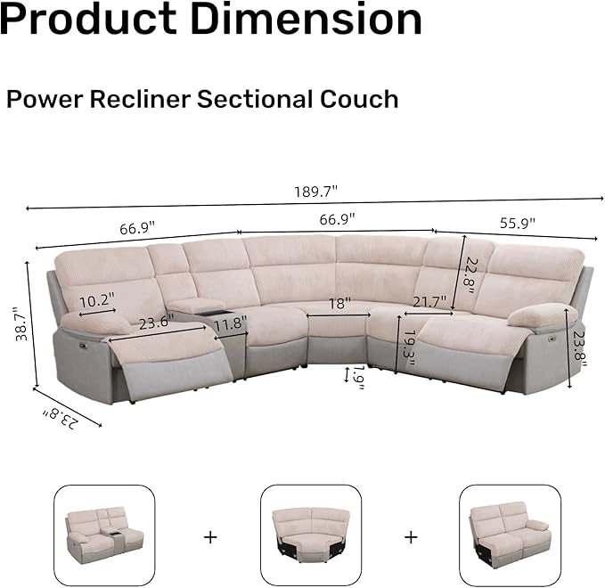 Power Reclining Sectional Sofa, 5 Seat Sectional Couch with Recliners, Soft Corduroy & Breathing Leather Sectional with 2 Recliners,USB Charging Ports,LED Light Strip, Living Room Furniture Set | Breathable material, LED Lighting