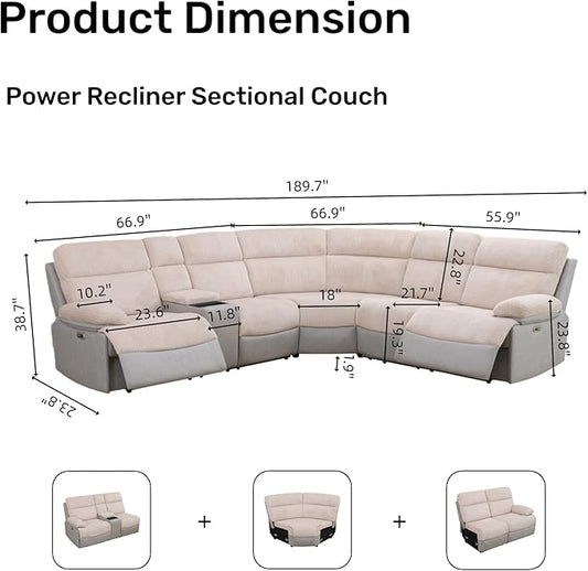 Power Reclining Sectional Sofa, 5 Seat Sectional Couch with Recliners, Soft Corduroy & Breathing Leather Sectional with 2 Recliners,USB Charging Ports,LED Light Strip, Living Room Furniture Set | Breathable material, LED Lighting