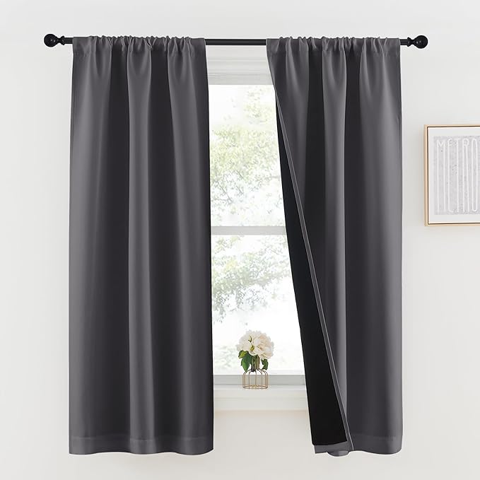 NICETOWN Grey 100% Blackout Lined Curtains, 2 Thick Layers Completely Blackout Rod Pocket Thermal Insulated Drapes for Kitchen/Bedroom (1 Pair, 37 inches Width x 63 inches Length Each Panel)