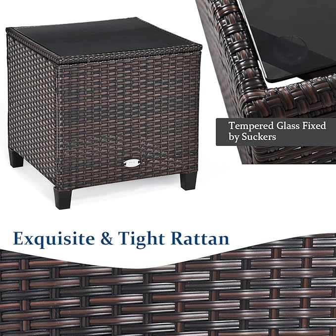 AUGESTER 3 PCS Patio Furniture Set, Outdoor PE Rattan Wicker Conversation Sofa Set w/Washable Cushion and Tempered Glass Tabletop, All Weather Chat Sofa for Garden Poolside Balcony Porch (Black)