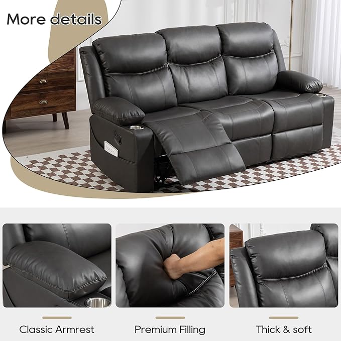 Manual Reclining Sofa - 3 Seat Recliner Sofa with Heat & Massage Function, Wall-Hugger Reclining Sofa for Living Room (Grey) | Cup Holder, Side pocket