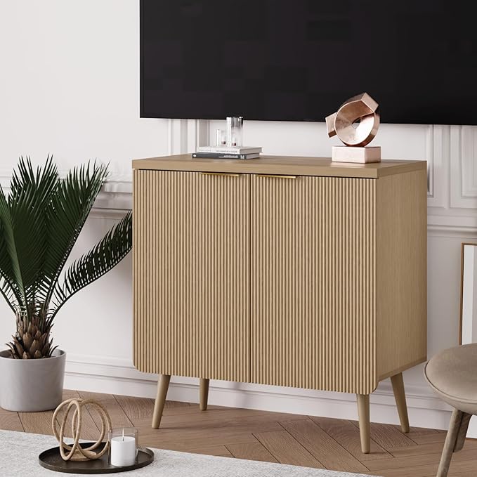 FONTOI Buffet Cabinet with Storage, Wood Fluted Multifunctional Storage Cabinet with 2 Doors, Sideboard Buffet Credenzas for Living Room, Entryway, Hallway, Natual Oak