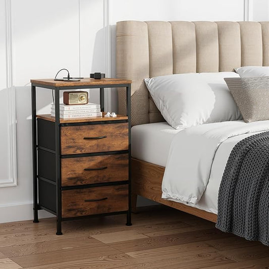 Sweetcrispy Nightstand with Charging Station, Bedside End Table with 3 Fabric Drawers & USB/Type-C Ports and Outlets, Night Stand for Bedroom Furniture, Adjustable Feet and Variable Light Strip, Rust
