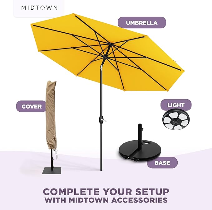 Midtown Umbrellas - The Lean 8 Ft Patio Umbrella with Fade-Resistant Sunbrella Fabric, Auto-Tilt Aluminum Frame and 8 Reinforced Ribs for Deck, Pool & Garden - Yellow Canopy, Black Pole