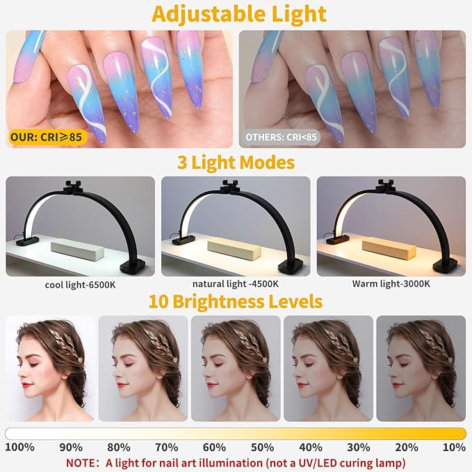 CGBE Half-Moon Nail Light for Desk : Professional Manicurist Table Lamp for Nail Salon Lighting and Eyelash Extensions with Phone Holder - Extra Large 30.7" Craft Desk Light - Black