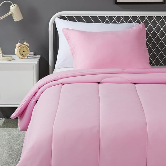 Amazon Basics 2-Piece Soft Microfiber Kid's Comforter and Pillow Sham Set, Twin, Light Pink, Solid